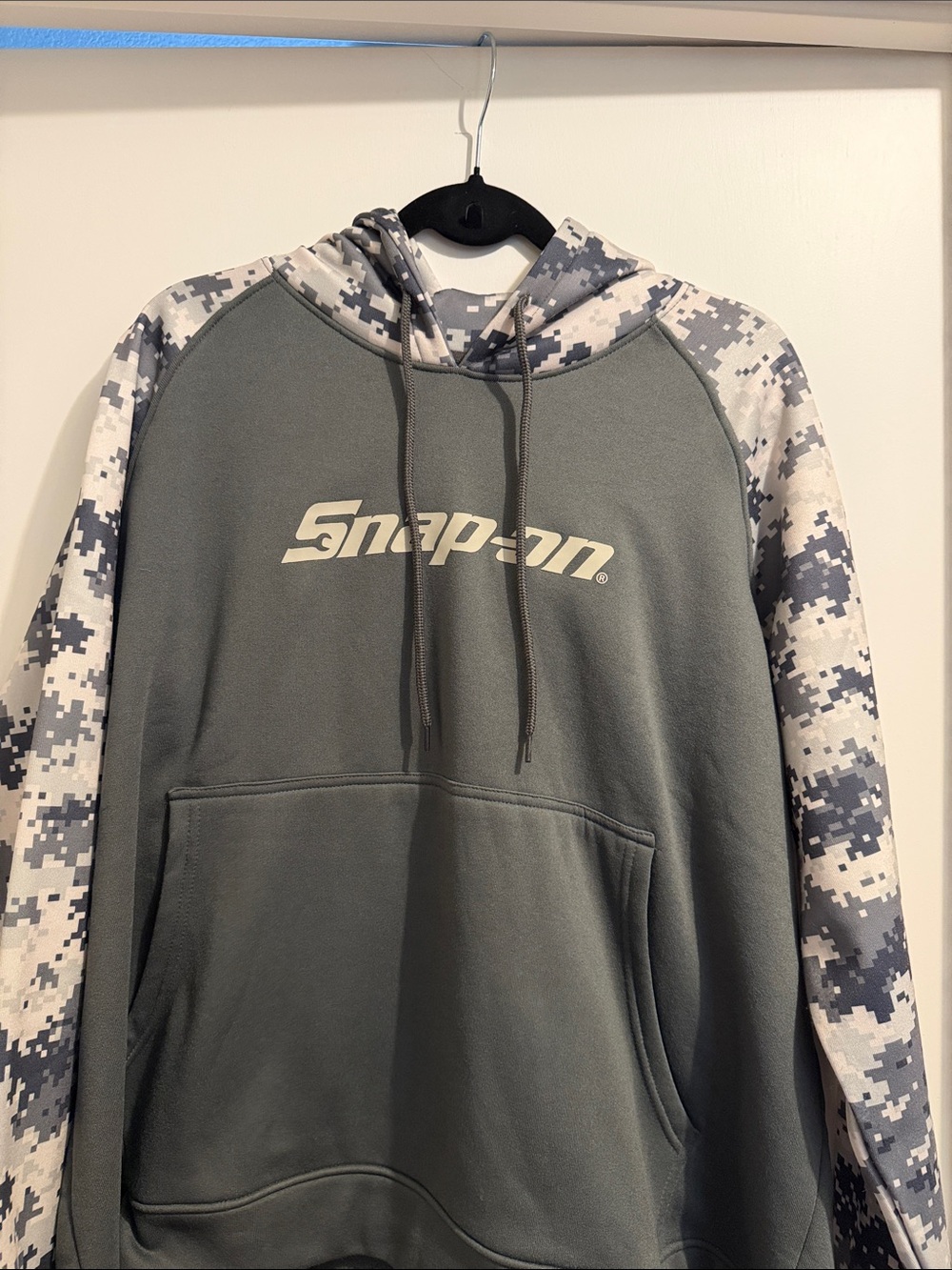 Snap-On Pullover Hoodie in Gray with Digital Camo Sleeves